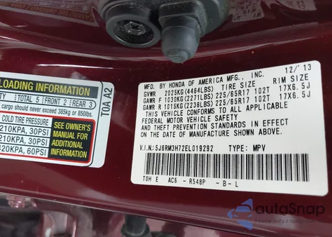 2014 Honda Cr-V Ex-L из США, поврежденный, VIN 5J6RM3H72EL019292